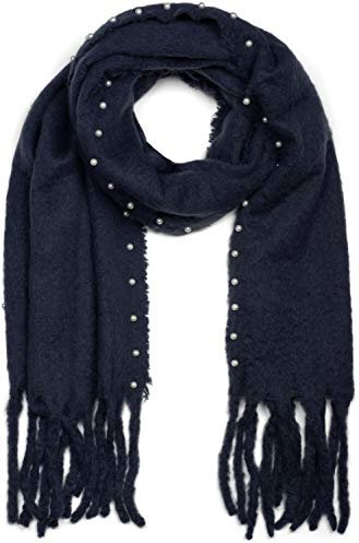 styleBREAKER Sciarpa a rete da donna tinta unita con applicazioni di perline e lunghe frange grosse, strass, sciarpa invernale, stola, foulard 01017123, colore:Blu scuro