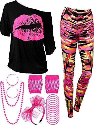 Blulu 80er Jahre Damen Kostüm Set, T Shirt, Legging Hose Ohrring Halskette Handschuhe Armband(Kurz Ärmel Geometrische,L)