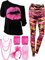 Blulu 80er Jahre Damen Kostüm Set, T Shirt, Legging Hose Ohrring Halskette Handschuhe Armband(Kurz Ärmel Geometrische,L)