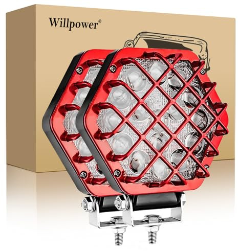 Willpower 2Pcs rosso Faro led 12v, 5 pollici 48w proiettore, Impermeabile fari led per Moto Trattore Camion Off Road Auto SUV ATV 4x4