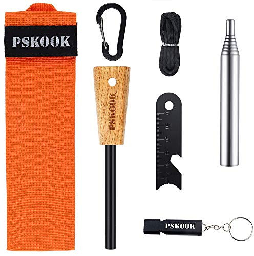 PSKOOK Feuerstarter Kit Bushcraft Fire Steel Magnesium Ferrocerium Rod Feuerstahl - Beinhaltet Flint Striker Multi Tool & Holzgriff, Feuer Bellow(Taschenbalg), Doppelrohrpfeife Camping Survival Kit