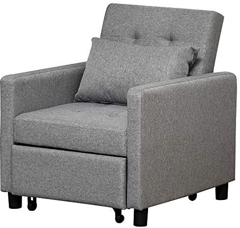 HOMCOM Sofá Cama Individual Sillón Cama con 4 Ruedas Respaldo Reclinable Almohada Desenfundable y Asiento Acolchado Carga 100 kg para Oficina Dormitorio Salón 69x77x84 cm Gris