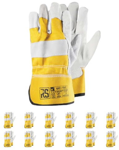 RS VIC TEC Lot de 12 paires de gants de montage en cuir de qualité supérieure - Taille 10 - Gris/jaune - Gants de montage - Gants de travail renforcés avec du cuir de vachette fendu