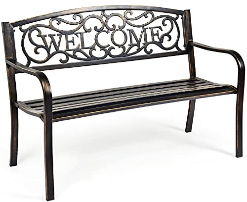GOPLUS Gartenbank wetterfest, 2-3 Sitzer Parkbank, aus Gusseisen, Sitzbank Outdoor mit Rückenlehne & Armlehne, Metallbank bis zu 320 kg belastbar, Antik Bank Garten Park Terrasse (Bronze)