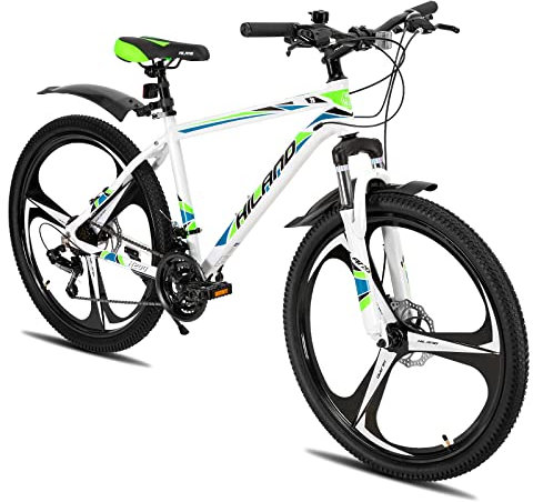 Hiland Mountain Bike, 21 Speeds Drivetrain, 3 Spokes Aluminum Frame 26 Inch Wheels, Disc-Brake Bike for Men Women Men's MTB Bicycle, White