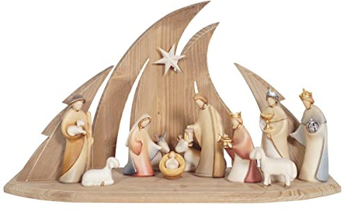 Weihnachts-Set aus Holz, moderne Krippe aus Holz, handgefertigt im Gardena-Val, bunte Version (Höhe der Josef 8,5 cm)