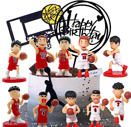 12 Stück Basketball Kuchen Set,10 Anime Figuren, 2 Black Glitter Basketball Cake Topper,Basketball-SzeneThemen geburtstag Partydekoratione