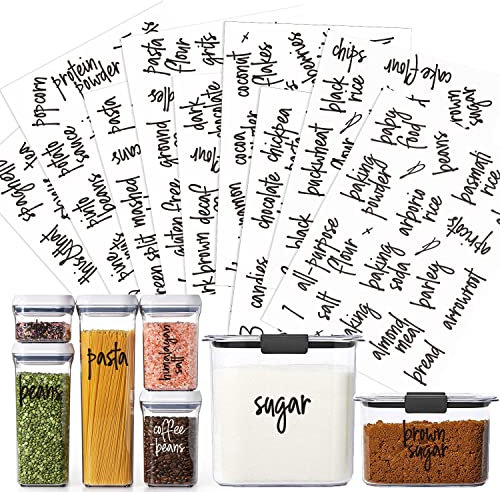 v2croft 180 Kitchen Pantry Labels for containers, Preprinted Black Script Text on White Clear Vinyl Food Name Stickers,Organization Labels for Jars Canisters & Storage Bins(Water Resistant)