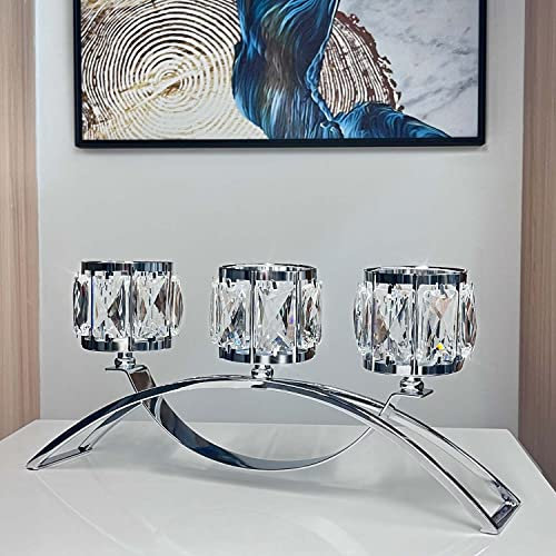 Teelichthalter mit 3 Armen, Kristallschale, Kerzenständer, Hochzeitsmittelaufsätze für Tische, Kristallkerzenständer, Tafelaufsatz, Tischdekoration (Silber)