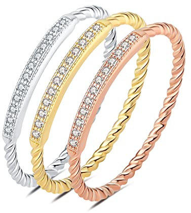 JewelryPalace Eternel Torsade Empilable Bague Rond Pave Zirconia Argent 925 Femme, Vintage Tricolore Or 14k Rose Jaune Blanc Bague fin 3 Anneaux Fiançailles Mariage Alliance, Ensemble Bijoux Mariee