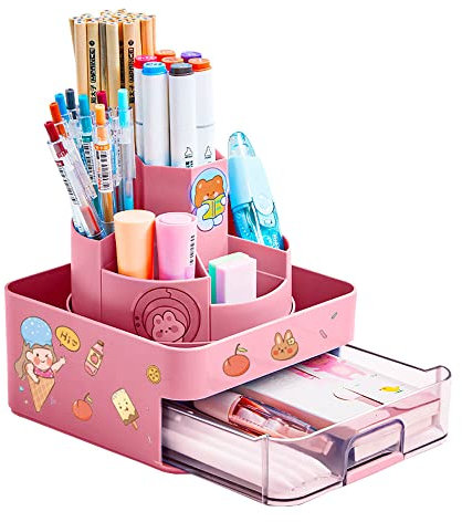 Kaizuca 360° Drehbar Kreativ Stifthalter, Drehbar Stiftköcher, Schreibtisch Organizer, mit 2 Stück Cartoon Aufkleber, mit 7 Fächer und Anti Rutsch Matten, für Büroaufbewahrung, Schminktisch (Rosa1)