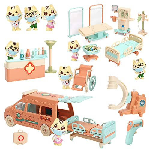 32 PCS Katze Puppen Arzt Haustier Pretend Play Spielzeug, Figuren Playset Spielzeug, Krankenhaus Ambulanz Spielzeug mit Lichtern und Sound, Pädagogisches Spielzeug Geschenk für Kinder Jungen Mädchen