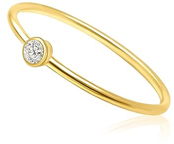 Mary & Jules Ring Gold Damen aus echtem 925 Sterling Silber mit Zirkon Stein, Vorsteckring, vergoldet, schlichter, feiner Damenring, Verlobungsring, Eheringe Gold, aus recyceltem Silber, Größe 54