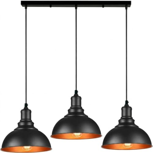 LEDSone Black Modern 3 Head Pendant Light,Vintage Ceiling Light Fitting | Adjustable Hanging Rope Light, E27 Socket Industrial Chandelier Lamp for Kitchen Dining Room Bar