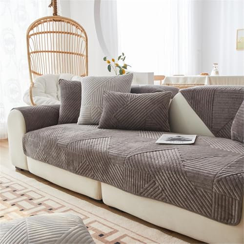 Samt Sofabezug Ecksofa l Form Sofa Überzug Couchbezug Sofa/Couch Wurfdecke Eckcouch 3/2/1 Sitzer Sofaschutz Sofaüberwurfe Sofaschoner Sofabezüge rutschfest Hund Katze (Schokoladengrau,110x210cm)