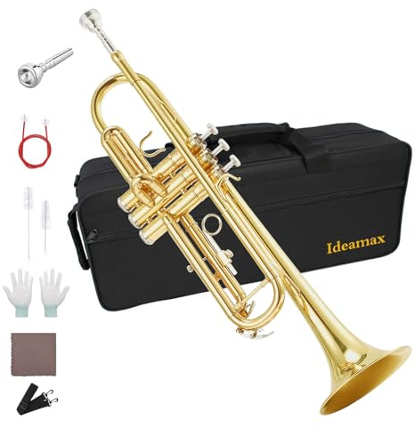 Ideamax Bb Standard Trompete Set für Anfänger, Messing Student Trompeteninstrument mit Hartschalenkoffer, 7C Mundstück, Reinigungsset und Handschuhen, Golden