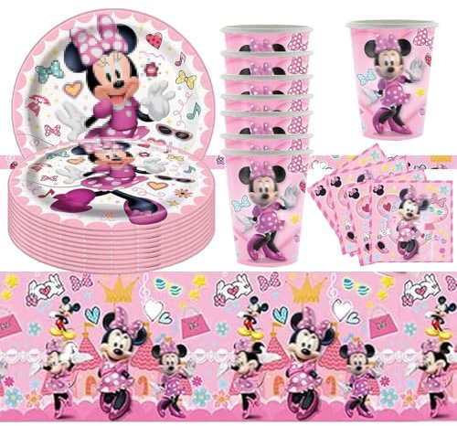 Minnie Vajilla De Fiesta, 41 pcs Minnie Set de Vajilla para Fiesta, Minnie Cumpleaños Vajilla Set, Vajilla de Fiesta Cumpleaños, Vajilla de Cumpleaños de Niños, Fácil de limpiar y reutilizable