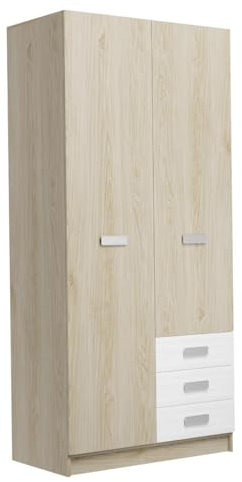 Homey Armario de Dos Puertas con Altillo y Tres Cajones Modelo Oslo para Dormitorios de Matrimonio e Infantiles, Madera, Puccini-Andersen, 94,8 cm (Ancho) x 207,6 cm (Alto) x 50 cm (Fondo)