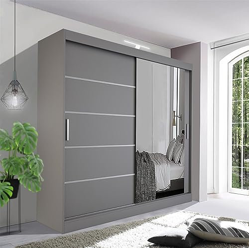 German Sliding Wardrobe Contemporary Bedroom Sliding Wardrobe with LED Light - Spacious and Stylish Design comes in White/Grey/Black/Oak and Width 120cm/150cm/180cm/203cm/250cm (Grey, 120cm)