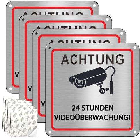 4 Stück Videoüberwachung Schild 15x15cm Aluminium Schild Videoüberwachung Privatgrundstück mit Selbstklebend Aufkleber und 4 Bohrlöcher Achtung 24 Stunden Kameraüberwachung Kamera überwachung Schild
