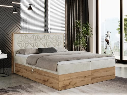 MKS MEBLE Boxspringbett 180x200 mit Bettkasten, Polsterbett 180x200 mit Matratze H3, Boxspringbett 180x200 mit Kopfteil, Boxspringbett mit Massivholz - Nessi - Beige Velvet - H3