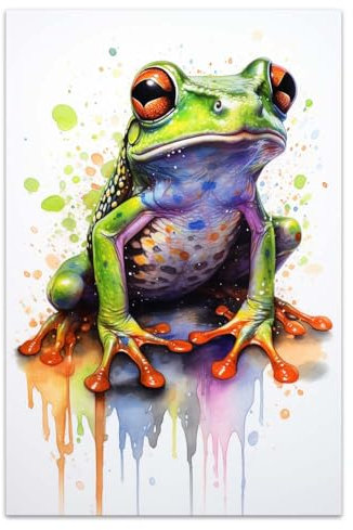 COTAIL Ungerahmte Leinwand-Wandkunst für Schlafzimmer, Büro, Wanddekoration, 61 x 40,6 cm, Aquarell, bunte Frosch, Wanddekorationen für Wohnzimmer, Malerei, Bilder, Kunstwerke für moderne Poster,
