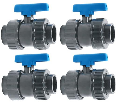 HAF® 4X PVC 2 Wege Kugelhahn Blauer Griff mit 2X 50mm Klebemuffe I Absperrhahn aus grauem PVC-U für Poolverrohrungen und sämtliche Rohrleitungen I Qualität: Made in Europe - Menge: 4 Stück