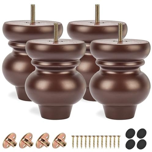 TCHOSUZ 5 inch / 12cm Wooden Furniture Legs, Pack of 4 Classic Walnut Solid Wood Turned DIY Replacement Bun Feet with M8 Hanger Bolts & T-Nuts for Sofa Couch Cabinet Ottoman Bed Riser