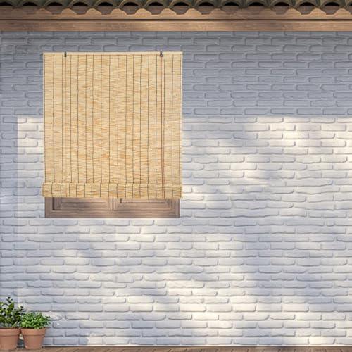 Bamboo Roller Blinds Outdoor Patio Porch Door Blinds Privacy Shades Waterproof Blackout Sunshade Kitchen Reed Curtains Window Shutters Roman Blind for Indoor Garden Greenhouse(Color:Natural Black Line