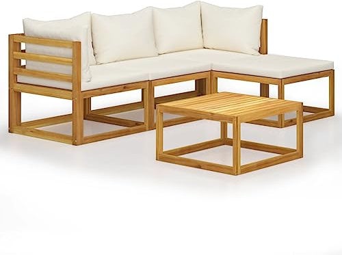 Willood 5-TLG. Gartenmöbel Garten-Lounge-Set mit Auflagen Massivholz Akazie Möbel Sitzgarnitur Gartengarnitur Sitzgruppe Gartenset Gartensofa Cremeweiß