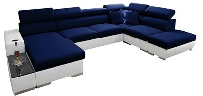All4All Ecksofa mit Schlaffunktion Picanto 358 cm x 227 cm - Wohnlandschaft U-Form - Sofa mit Bettkasten - XXL Sofa - Groß - Gewebe mit Kunstleder - Linke Seite - Blau/Weiß - Modern 26