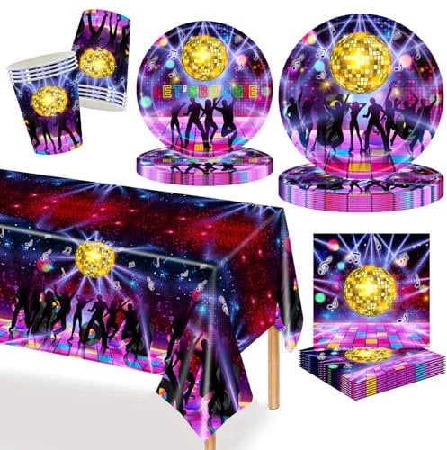 MORAINJAY Service de table disco 69 pièces - Assiettes en carton, gobelets, serviettes pour fêtes dansantes rétro années 70, 80, 90 (16 invités)