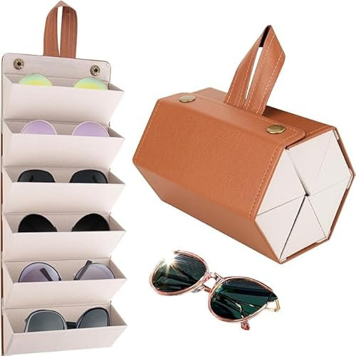 DMJJSD Sunglasses Travel Case 6-Slot Glasses Storage Box PU Leather Eyewear Storage Box Foldable Glasses Storage Case Multiple Travel Sunglasses Organizer Case Hanging Glasses Case for Women Men