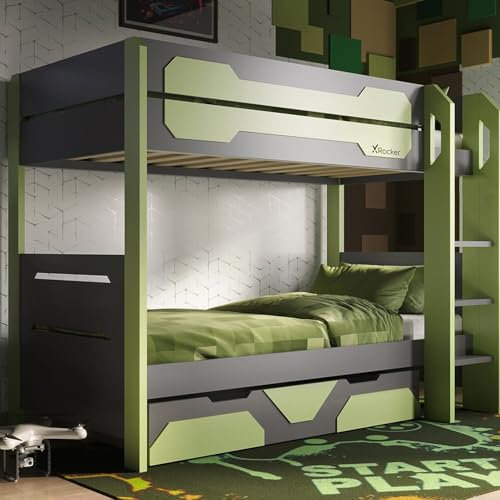 X-Rocker Battalion Bunk Bed, Wooden Frame Gaming Bed for Kids, Teens and Juniors with Underbed Storage Trundle Drawer 90x190cm Gaming Bunk Bed, Compact Bed Design for Boys & Girls - Green