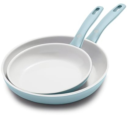 Greenpan Dover Healthy Ensemble de poêles à frire antiadhésives en céramique sans PFAS, passe au lave-vaisselle, poignée confortable Bleu brume 20,3 cm et 25,4 cm