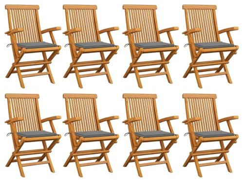 Somanki Gartenstühle mit Grauen Kissen, Gartenmöbel, Balkonstühle, Balkonmöbel, Bistrostuhl, Garten Stühle, Armlehnenstuhl, 8 STK. Massivholz Teak