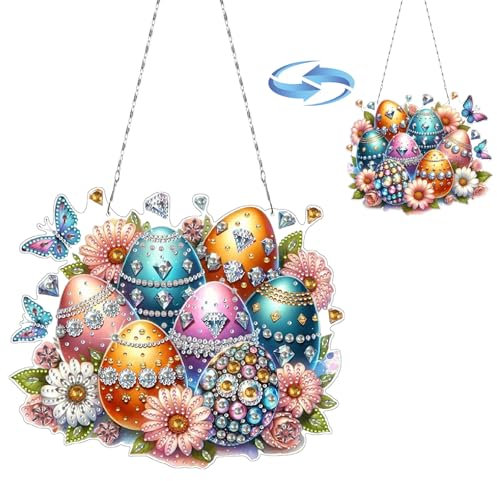 CXINLky DIY Diamond Art Painting Anhänger mit Kette Ostern, Ostern Diamant Painting Fensterbilder, 5D Diamond Osterei Malerei Wandbehang Kits für Fenster Wand Garten Decor-03-Osterei