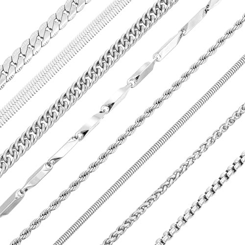DIVINA VITAE 8pcs Halskette Herren Silber Kette Edelstahl Halsketten Set 55 Cm Männer Schmuck Frauen Figarokette Schlangenkette Kubanische Gliederkette Seilkette Für Damen Mädchen Jungs