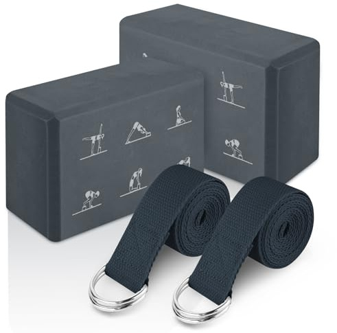 RETON Yoga Blöcke 2er Set mit Gurt, Leichter EVA-Schaum Brick Pilates Blöcke, High Density Yogablock, Anti-Rutsch-Yoga-Block zum Dehnen, Verbesserung der Kraft (Grau, Einheitsgröße)