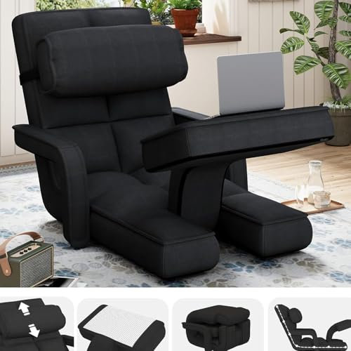 UNIONLINE Verstellbarer Bodenstuhl, zusammenklappbar, mit Armlehnen, Gaming-Lounge-Liege mit Kissen und Fußstütze, Einzelstuhl, Bett für Schlafzimmer, Zuhause, Büro, Schwarz