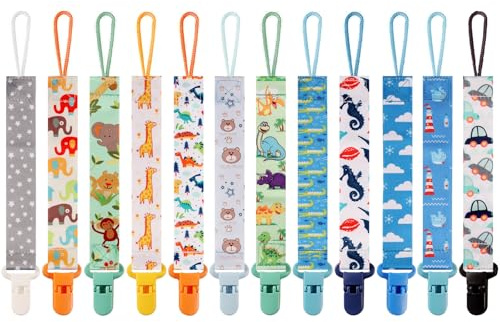12 Pack Pacifier Clips with Adjustable Strap (32-46.5cm)/Short Strap(25.5cm) - Premium Polyester Baby Pacifier Holder Set, Multi-Design Clips for Boys Girls (Multicolor C 25.5cm)