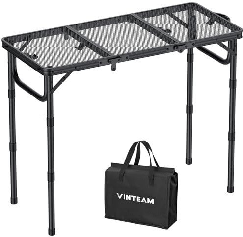 VINTEAM Campingtisch Klappbar 87x40cm - 3 Falten 3-Fach Höhenverstellbar, Aluminium Metallgitter Beistelltisch, Gartentisch Grilltisch mit Metallgitterplatte Ideal für Camping, BBQ, Picknick & Garten