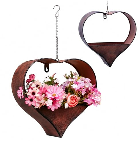 RMNKTHC Vaso a Forma di Cuore in Metallo per Interni ed Esterni, Fioriera Pensile con Catene per Pareti, Finestre, Terrazza e Giardino, 27 x 26,5 x 9 cm, Colore Ruggine
