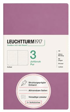LEUCHTTURM1917 Jottbook pur, Notizbuch A5 Dotted, Dusty Rose, 3er Set | 80 nummerierte Seiten, perforiert, säurefrei, Strukturprägung, Tasche im Einband, Titelsticker