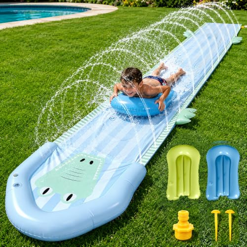 Afenau Water Slide Mat, 15.7ft/480cm Lawn Water Slides with 2 Bodyboard and Sprinkler, Single Lane, Slip n slide, Waterslide Inflatable for Adults Outdoor Play