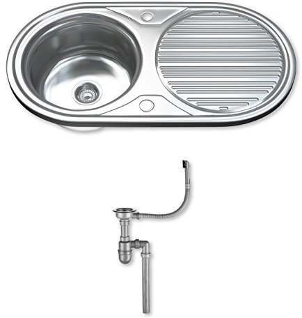 Dihl 1062 Kitchen Sink with Drainer, Single Bowl 1.0, Oval, 304 Stainless Steel, Silver, 84 x 44 cm, Inset, Includes Full Waste Kit and fixings