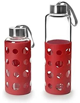 Ibili - Bouteille en Verre Lake, 400 ml, Rouge, Borosilicate, Réutilisable, Protection Anti-Choc