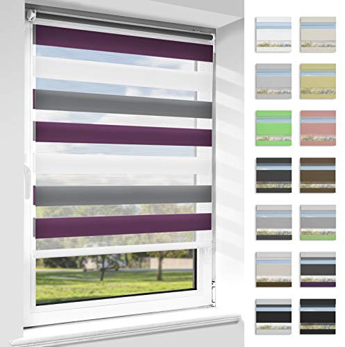OUBO Doppelrollo Weiß-Anthrazit-Aubergine 40 x 150 cm (BxH) Duo Rollo ohne Bohren Fenster Wandmontage 40 cm Breite