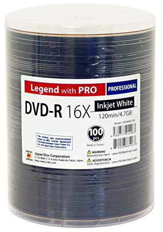 100 Unidades DVD-R Legend con Pro JDC TY 16X 4.7GB 120Min Blanco Inkjet Hub imprimible en Blanco Disco grabable