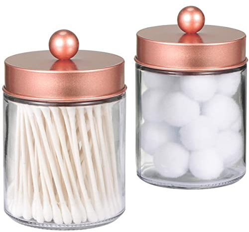 Apothecary Jars Bathroom Storage Organizer -Countertop Storage Organizer Canister Jar - Attractive Qtip Dispenser Holder Glass with Lid- for Cotton Swabs,Bath Salts,Hair Band / 2-Pack(Rose Gold)